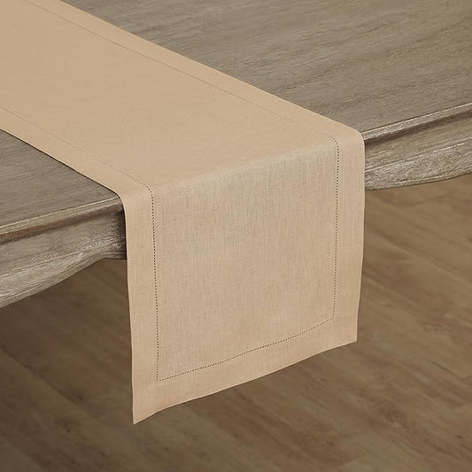 Solino Home Linen Beige Table Runner 90 Inches Long - 100% Pure Linen 14 x 90 Inch Table Runner for Fall, Autumn, Thanksgiving - Classic Hemstitch