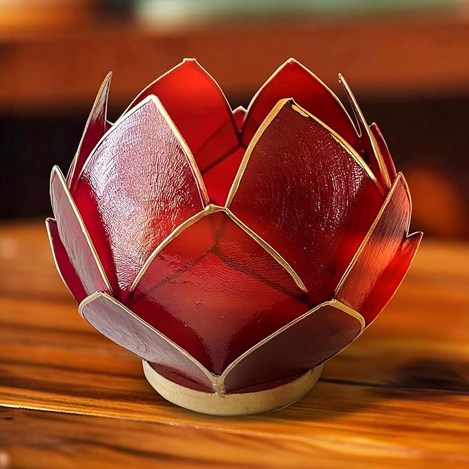 Blooming Lotus Capiz Shell Tealight Candle Holder, Handcrafted Decorative Tea Light Candleholder with Translucent Flower Petals for Ambient Illumination and Natural Elegance, Red