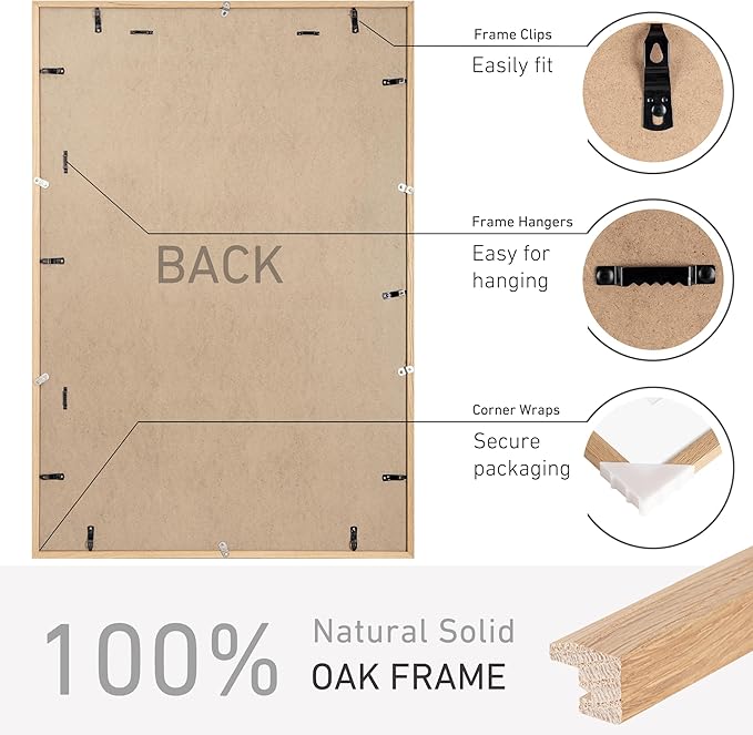 27x40 Poster Frame Set of 2 Natural Solid Oak Photo Frames with 24x36 Removable Mat Wall Hanging Large Handcrafted Frame with HD Plexiglass Wall and Tabletop Display Large Picture Frame