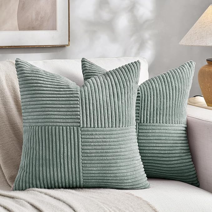 Fancy Homi 2 Packs Grey Blue Samll Decorative Throw Pillow Covers 14x14 Inch with for Couch Bed Sofa, Rustic Farmhouse Boho Home Decor, Soft Corss Patchwork Corduroy Square Cushion Case 35x35 cm
