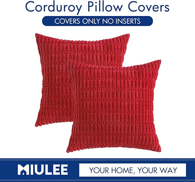 MIULEE Pack of 2 Christmas Red Corduroy Decorative Pillow Covers 20x20 Inch Soft Boho Striped Throw Pillow Covers Modern Farmhouse Home Decor for Sofa Living Room Couch Bed