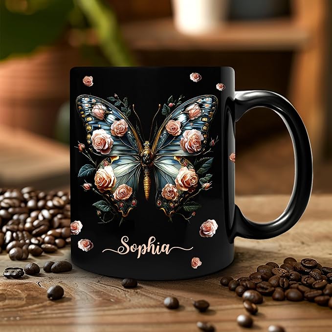 Hyturtle Personalized Butterfly 2D Print Mug - Butterfly Gifts For Women Lovers - Animal Gift For Bird Lover Her - Bird Gifts For Mom on Mother Day - Custom Name Coffee Cup Ceramic Mug 11 Oz 15 Oz