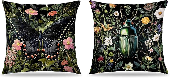 William Morris Inspired Butterfly and Beetle Pillow Covers 18x18 Set of 2, Dark Cottagecore Wildflower Botanical Insect Moth Decorative Throw Pillow Covers for Home Bedroom Living Room