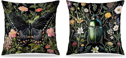 William Morris Inspired Butterfly and Beetle Pillow Covers 18x18 Set of 2, Dark Cottagecore Wildflower Botanical Insect Moth Decorative Throw Pillow Covers for Home Bedroom Living Room