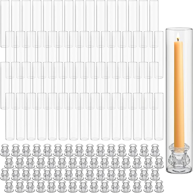 60 Set Christmas Glass Hurricane Candle Holders 12.6" Open Ended Glass Candleholder Tube Shape Bottomless and 2.2" Taper Clear Candlestick Holders for Wedding Party Table Centerpiece (Clear)