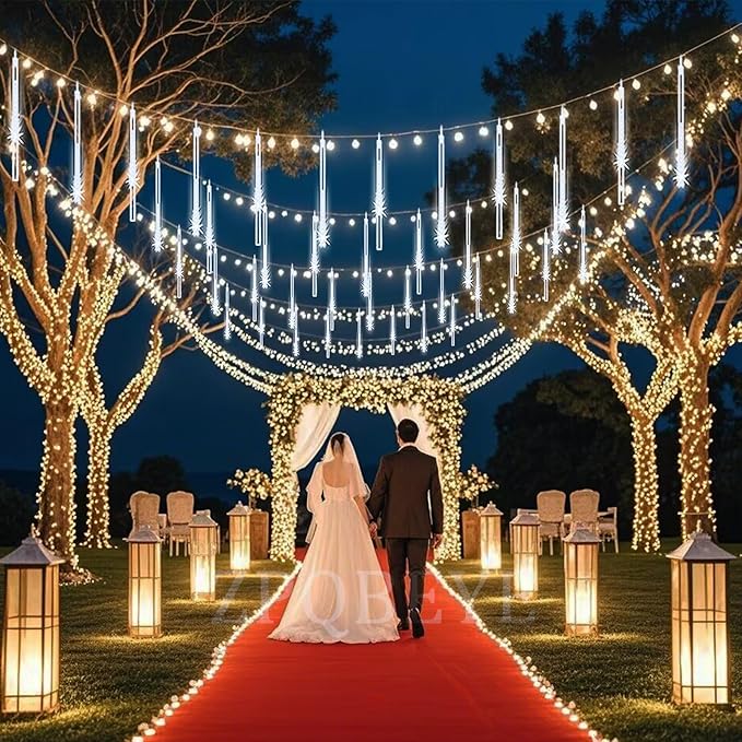 Meteor Shower Lights Christmas Lights Outdoor 24-Tube 576LEDs Snow Falling Rain Cascading Icicle Lights for Xmas Tree Christmas Decorations Wedding Party Holiday Garden Decor, UL Plug White
