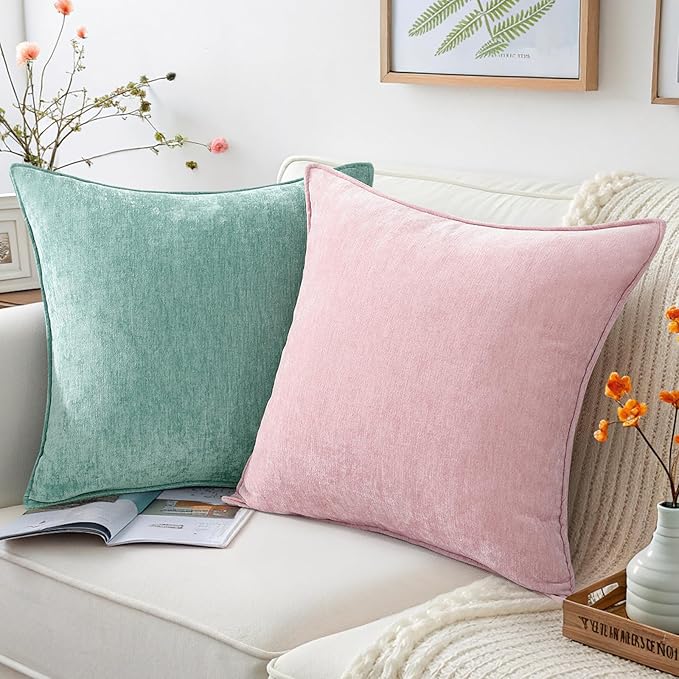 decorUhome Couch Throw Pillow Covers 16x16 Set of 2, Decorative Soft Euro Neutral Chenille Pillow Covers with Elegant Design for Sofa Bed Living Room Home Decor, Blush Pink