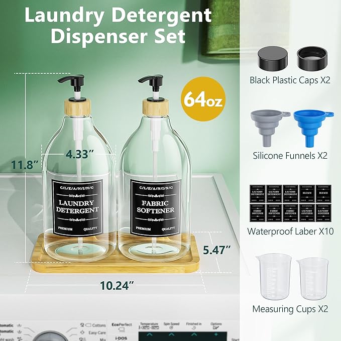 Moforoco Liquid Laundry Detergent Dispenser with Bamboo Tray, 2 Pack 64 Oz Plastic Laundry Soap Dispenser, Fabric Softener Dispenser with Pump and Labels for Laundry Room Decor and Organization