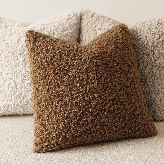 Foindtower Set of 2 Curly Teddy Wool Pillow Covers Decorative Boucle Textured Lumbar Throw Pillow Faux Fur Sherpa Pillowcases Sheepskin Fuzzy Cushion Case for Sofa Bedroom Car 12"x20" Dark Bronze