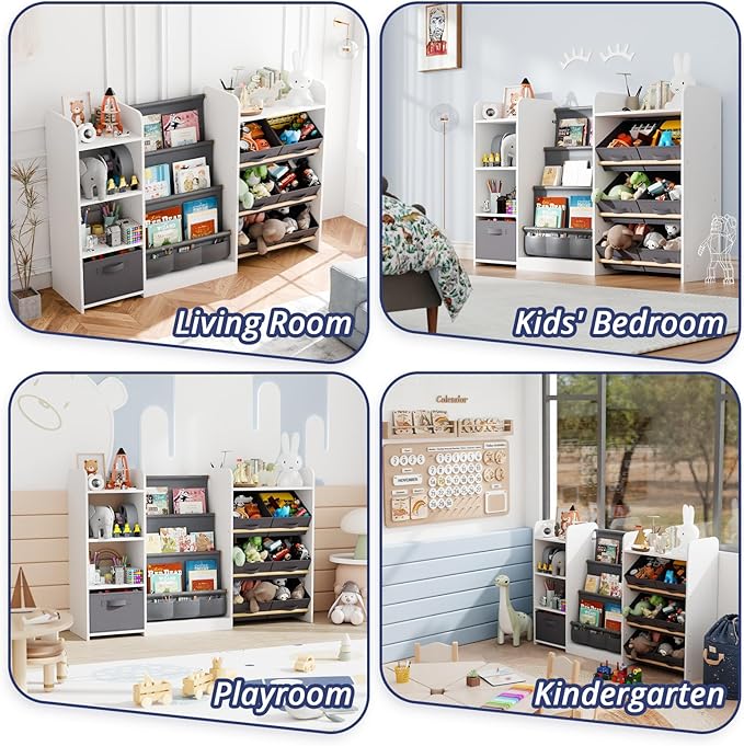 Kids Toy Book Storage Organizer - Large Bookshelf with 7 Removable Bins, Baby Bookshelf and Toy Storage, 4-Tier Book Shelf for Kids Room, Playroom, Classroom, 51 inch, White