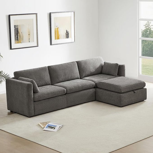 CHITA Oversized Modular Sectional Sofa Set, FSC Certified L Shaped Couch with Reversible Chaise,Modular Sectional Couch for Living Room,112 inch Width, 4 Seat Modular Sofa with Storage Ottoman, Grey