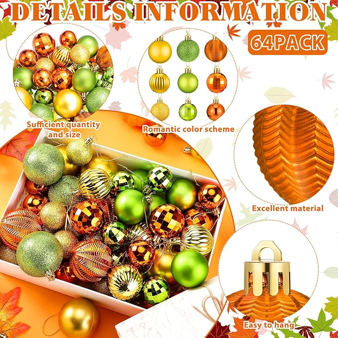 64 Pcs Fall Ball Ornaments Matt Glitter Lime Green Gold Orange Tree Ornament 1.6/1.97/2.4 Inch Autumn Thanksgiving Hanging Bulbs Fall Decorations for Home Tree Holiday Office Party Decor