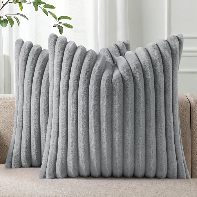 Pallene Faux Fur Plush Throw Pillow Covers 24x24 Set of 2, Luxury Soft Fluffy Striped Decorative Pillow Covers for Sofa, Couch, Living Room, Grey