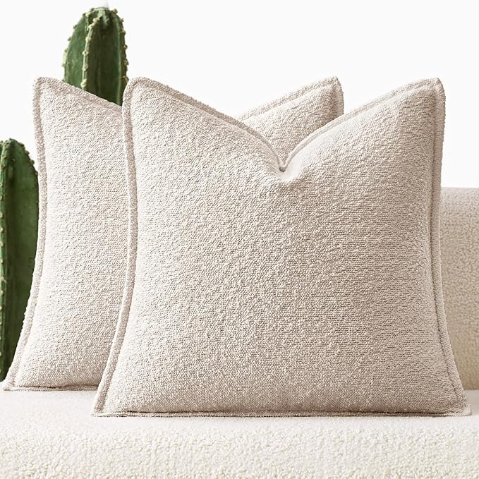 MIULEE Pack of 2 Decorative Textured Boucle Throw Pillow Covers 20x20 Inch Natural Beige Broadside Thick Boho Pillows for Farmhouse Accents Sofa Couch Bedroom Living Room Home Decor