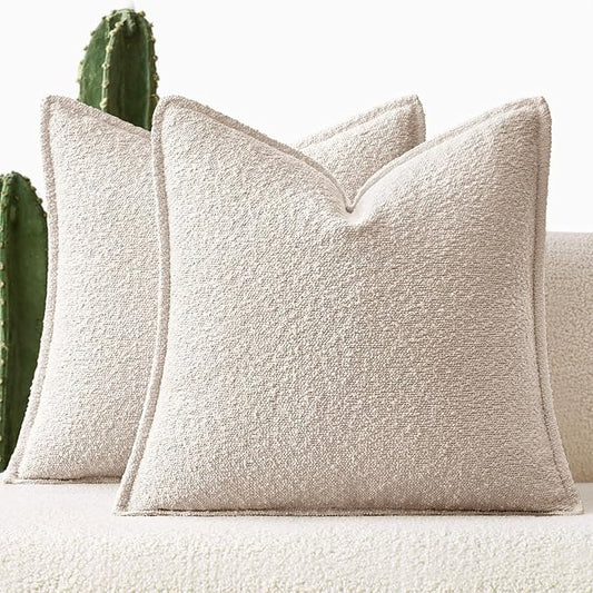 MIULEE Pack of 2 Decorative Textured Boucle Throw Pillow Covers 18x18 Inch Natural Beige Broadside Thick Boho Pillows for Farmhouse Accents Sofa Couch Bedroom Living Room Home Decor