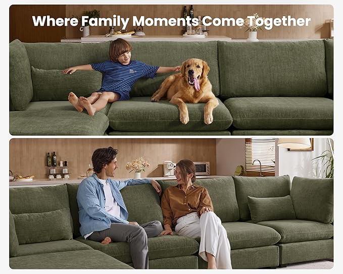 Oversized Modular Sofa, Extra Deep Cloud Corduroy Sectional Couch with Ottoman Chaise, Fluffy Chenille L-Shaped Sofas for Living Room, Villa (Loveseat+Ottoman, Chenille Green)