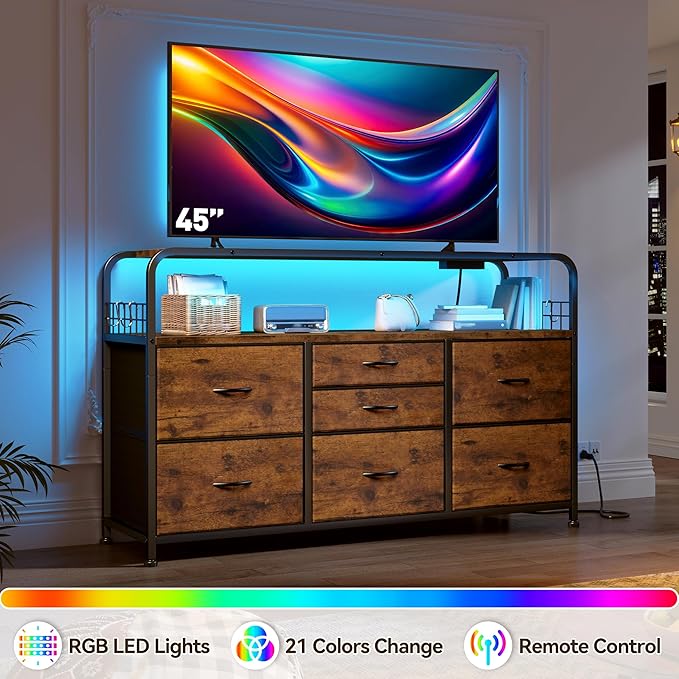 TV Stand for Bedroom with LED Lights & Charging Station, 7 Drawer with Open Shelf, Media Console for Living Room & Chest of Drawers for Closet, Entryway, Hallway, 4 Hooks, Rustic Brown