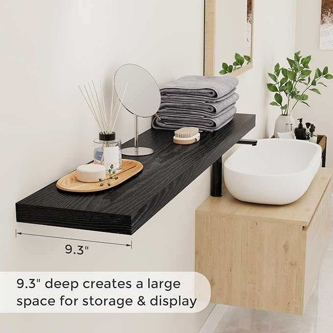 48 Inch Floating Shelves Black, Rustic Wood Floating Shelf Wall Mounted, 9 Inch Deep Floating Shelf for Kitchen, Bedroom, 48 x 9 Wall Shelves for Home Storage, Set of 1