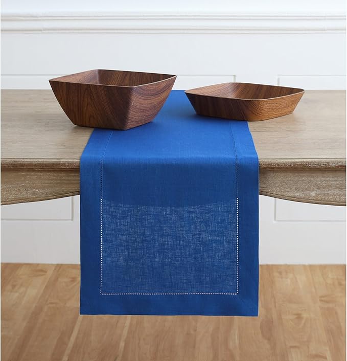 Solino Home Linen Royal Blue Table Runner 108 Inches Long - 100% Pure Linen 14 x 108 Inch Table Runner - Classic Hemstitch