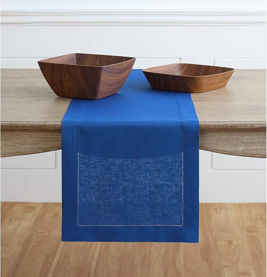 Solino Home Linen Royal Blue Table Runner 108 Inches Long - 100% Pure Linen 14 x 108 Inch Table Runner - Classic Hemstitch