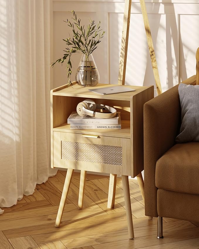 Rattan Nightstand,Modern Bedside Table with Storage Drawer and Open Wood Shelf, for Living Room, Bedroom and Small Spaces, Accent Night Stand with Solid Wood Legs, Easy Assembly,(Oak)