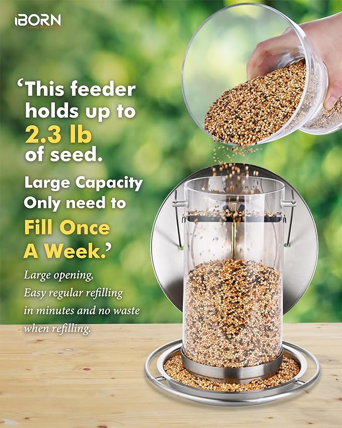 iBorn Metal Bird Feeders for Outdoors,Easy Clean Bird Seed Feeder,Hanging Bird Feeder for Seeds with Gift Box,3-Second Refill Bird Feeder,Nickle 6 Port (Seed is not Included)