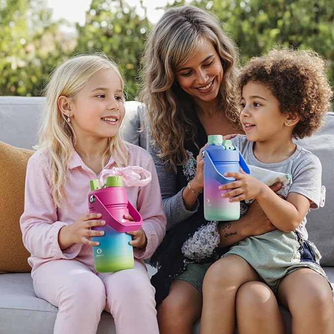 Kids Insualated Water Bottle with Straw - 12oz Stainless Steel Water Bottle with Dual Spouts, Leak-Proof, BPA-Free, Double Wall Vacuum Keeps Cold for 24 Hours for Sports, Travel (Bright Magenta)