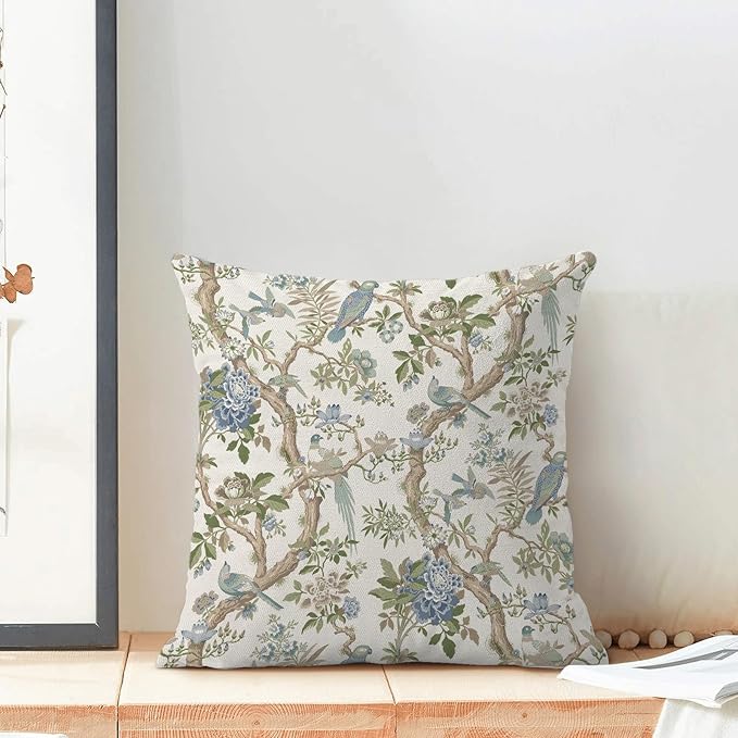CXMEIFLY Chinoiserie Spring Pillow Covers 16 x 16 Inch Set of 2 for Blue Sage Green Vintage Flowers Bird Decor Throw Pillows Plant Farmhouse Outdoor Decorative Cushion Cases for Couch Bed Decorations
