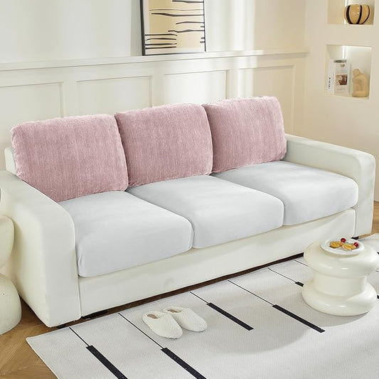 Large Backrest Cushion Covers Super Stretch Backrest Covers for 3 Cushion Couch Sofa, Couch Back Cushion Covers Featuring with Chenille Yarn (Softer Version, 3PC, Pale Pink)