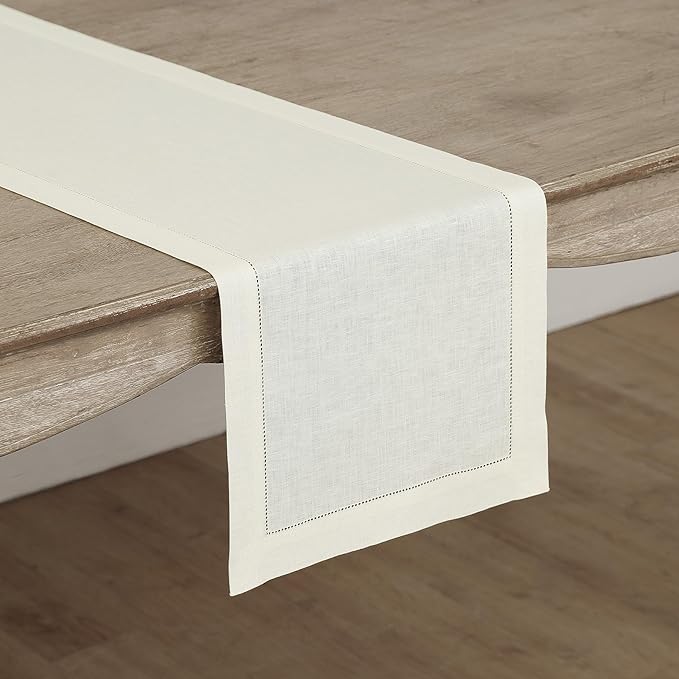 Solino Home Linen Ivory Table Runner 60 Inches - Classic Hemstitch, 100% Pure Linen Coffee Table Runner 14 x 60 Inch Ideal for Dresser Tables - Fall, Autumn, Halloween, Thanksgiving