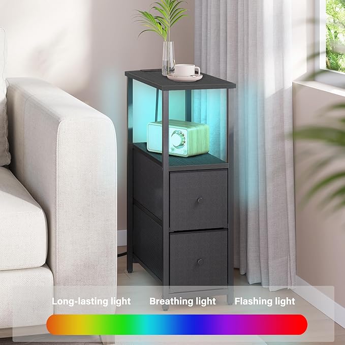 TUTOTAK Small Narrow LED End Table with Charging Station, Side Table Outlets, Nightstand with 2 Cloth Drawers, Couch Table, for Living Room, Bedroom, Bedside, Black TB01BK085L