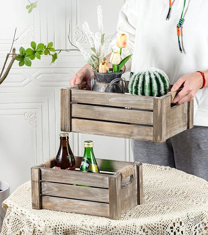 TIMRIS Set of 3 Rustic Wood Nesting Crates, Farmhouse Wooden Storage Container Boxes with Cutout Handles, Decorative Wooden Baskets for Display (Rustic Gray)