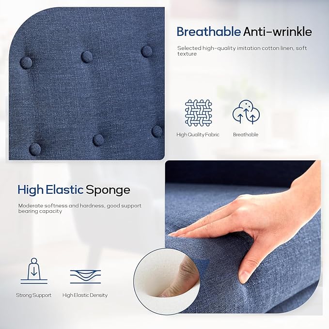 HUIMO Accent Chairs Set of 4, Upholstered Button Tufted Armchair, Linen Fabric Sofa Chairs for Bedroom, Living Room, Mid Century Modern Comfy Reading Chair (4, Dark Blue)