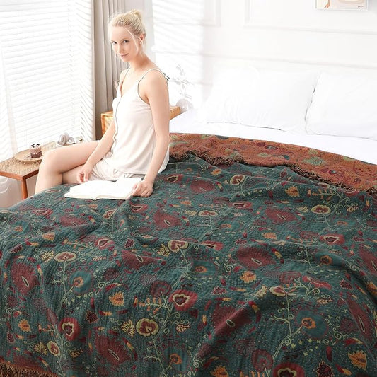Boho Throw Blanket for Bed - 100% Pure Cotton Ultra Soft Rustic Quilt - Farmhouse Decor Bed Blankets, All Season Rustic Throw for Sofa Couch Chair(91''x 98'', Floral)