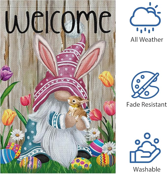 Welcome Easter Gnome Garden Flag 12x18 Double Sided Burlap, Funny Bunny Floral Small Yard Flag Banner for Holiday Farmhouse Outdoor Decor (ONLY FLAG)