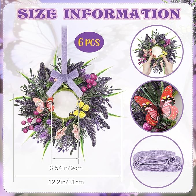 6 Pcs Lavender Wreaths for Front Door Mini Artificial Floral Kitchen Cabinet Swags Spring Summer Candle Rings Wreath with Lavender Berries Butterflies for Year-Round Use Farmhouse Home Decorations