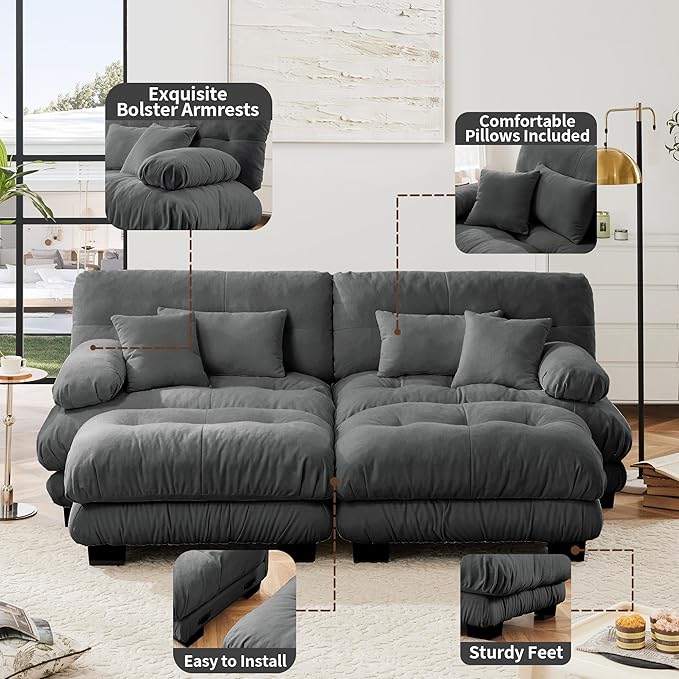 Loveseat Modular Sectional Sofa, U Shaped Couch with Ottoman, Cloud Couch Sectional Couch Home Sofa Living Room Oversized Couch Deep Seat Couch with Round Bolster Armrests 4 Pillows(Gray)