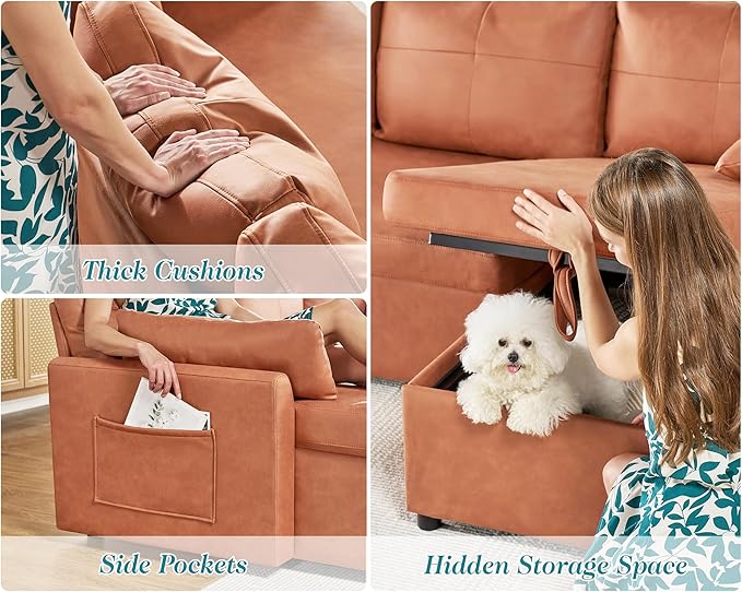 VanAcc Sleeper Sofa, Sofa Bed- 2 in 1 Pull Out Couch Bed with Storage Chaise, Sofa Sleeper Couch for Living Room, Brown Leathaire