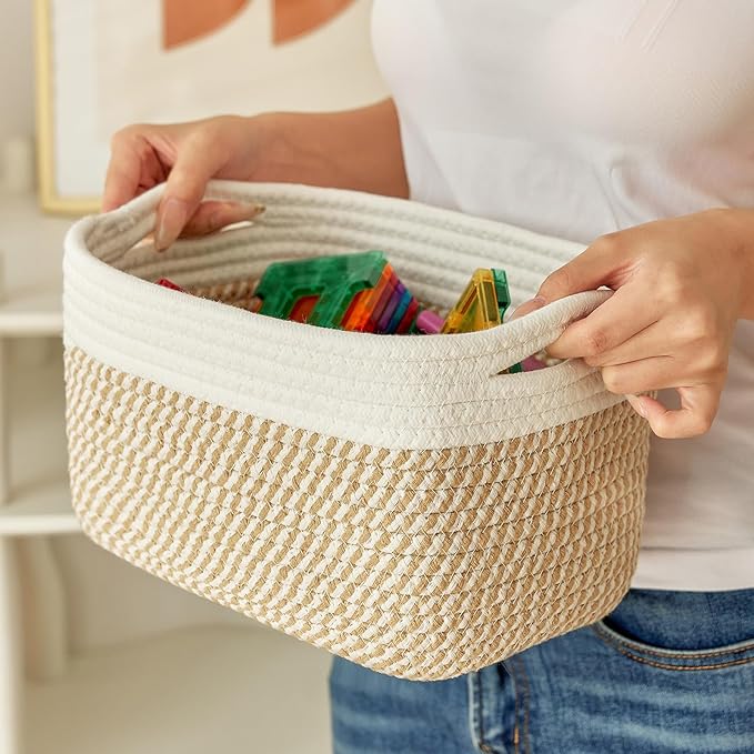 Small Cotton Rope Storage Basket Set of 3-11"x7"x7" Perfect Woven Baskets for Storage, Ideal Storage Baskets for Organizing Toys, Towels, and More - Baskets for Shelves（White & Mixed Camel）
