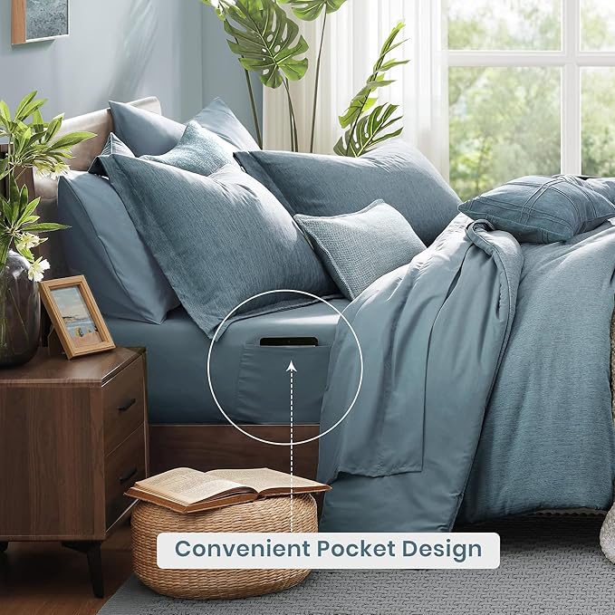 Monbix Queen Comforter Set - 7 Pieces Dusty Blue Cationic Dyeing Bed in a Bag Queen Bedding Sets with Sheets, Pillowcases & Shams, Reversible Bedding Comforters