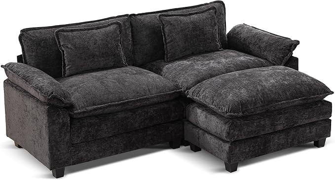 URRED Modular Sectional Sofa Comfy Cloud Couch, Modern Chenille Sofa Sleeper Deep Seat Couches with Ottoman/Pillows for Living Room (Black, 82.6''- L Shape)