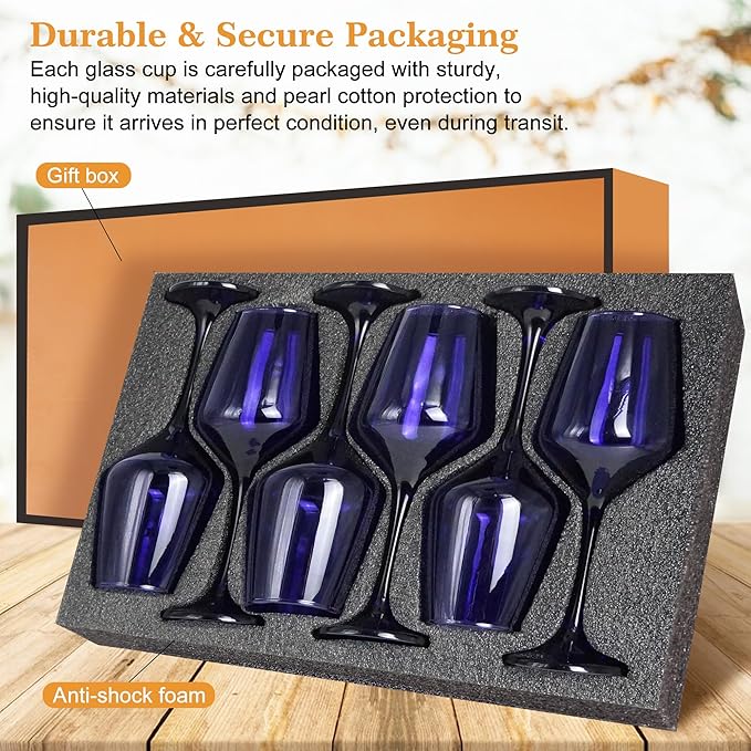 Purple Wine Glasses Set of 6-14oz Long Stem Wine Glass, Pretty Crystal Glassware, Hand Blown Goblets Drinkware, Unique Stemware Wine Glass Holiday Gift Set