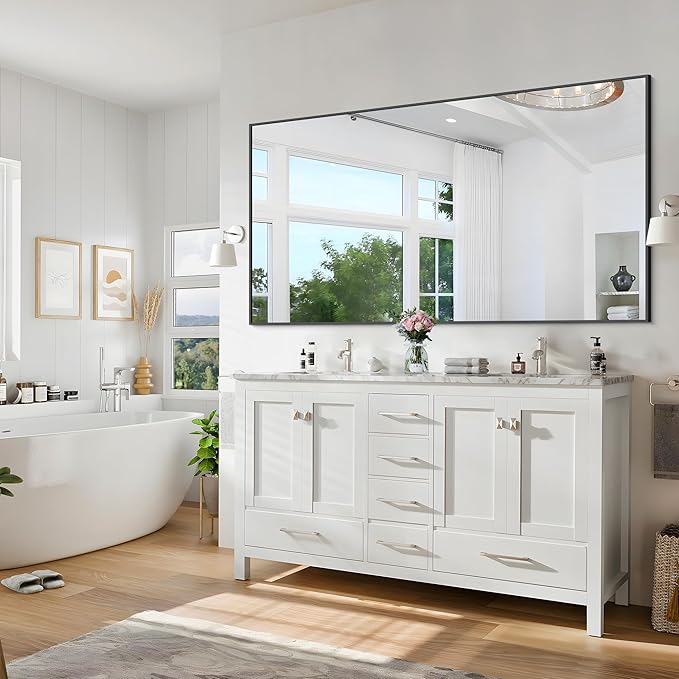 Black Bathroom Mirror for Wall, 30x50 Inch Rectangle Mirrors with Metal Frame, Modern Vanity Wall Mirror Decor for Bathroom Living Room, Entryway Hangs Horizontal or Vertical