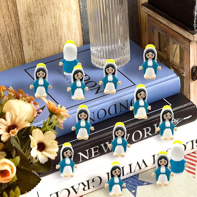 50 Pcs Mini Virgin Mary Figurines Bulk – 1.38" Little Mary Statues, Blue and White Holy Mother Figures for Religious Party Favors, VBS, Catholic Mini Gifts