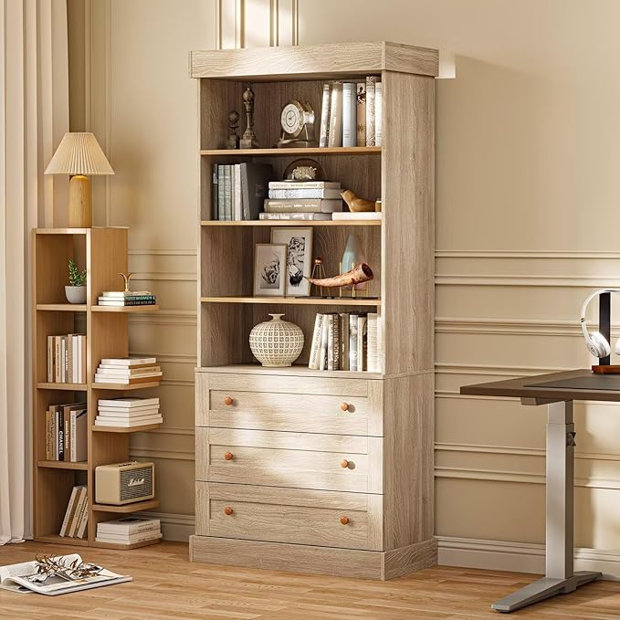 Vyre 71" Tall Farmhouse Bookshelves with Drawers, Set of 3 – Large Modular Bookcase with Adjustable Shelves, Storage Cabinet for Living Room, Kitchen, Home Office, Brown