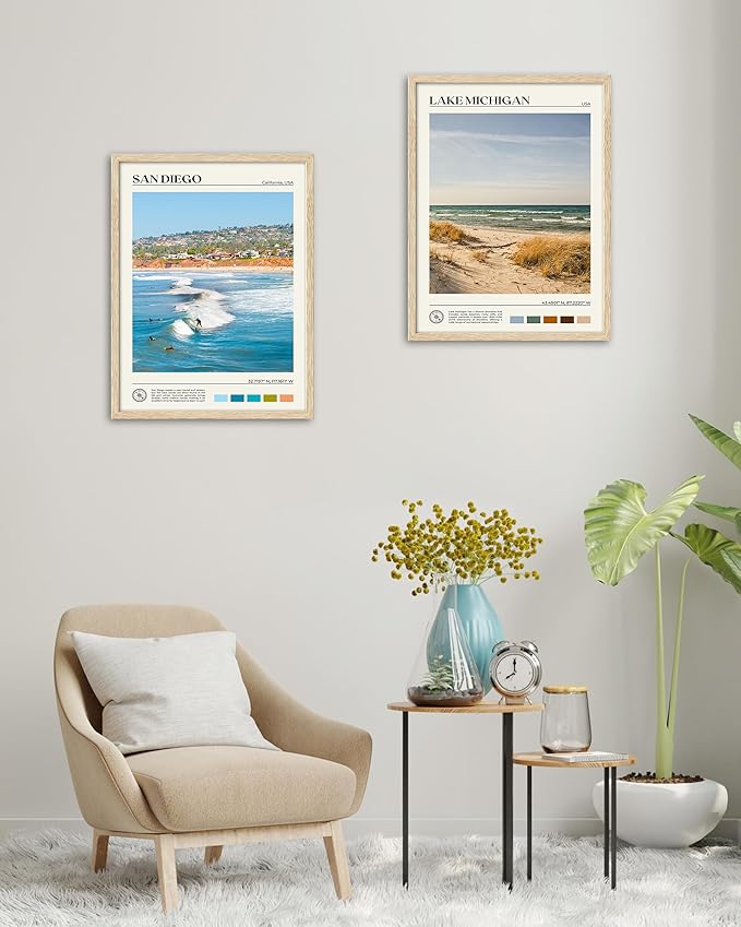 HesenDot Natural OAK Wood San Diego Surfing Framed Wall Art,12x16in Natural Seascape Canvas Wall Print,Classic Urban Landmark Wall Decor for Living Room,Bedroom,Office Gallery Gifts Set of 1