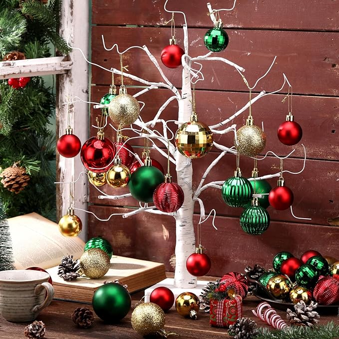 64 Pcs Christmas Ball Ornaments for Christmas Tree Glitter Red Gold Green Ball Ornament Hanging Christmas Decoration Assorted Size Christmas Ornament for Party Supplies, 1.6/1.97/2.4 Inch