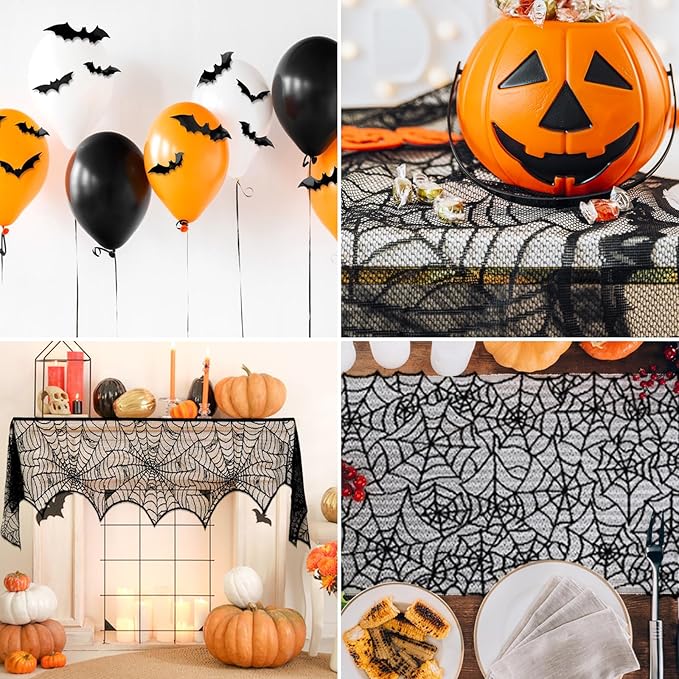ZeeDix 39 Pcs Halloween Decorations Kit Black Lace Spiderweb Round Tablecloth Table Runner, Giant Spider Cobweb Fireplace Scarf with 36PCS Scary 3D Bats Wall Stickers for Halloween Party Decor