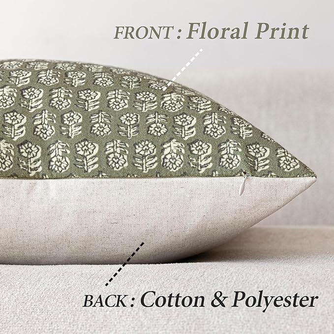 Foindtower Set of 2 Decorative Vintage Floral Print Throw Pillow Covers Neutral Modern Farmhouse Cushion Covers Boho Home Decor for Sofa Couch Chair Bedroom Living Room,24×24 Inch,Sage Green