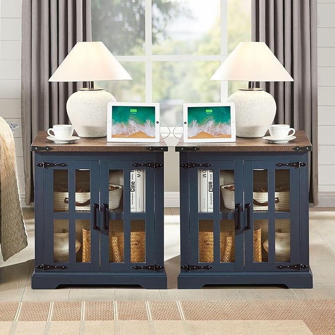 Farmhouse End Table with Charging Station,24" Large Side Table with Glass Barn Door, Rustic Wood Nightstand Bedside Table with Adjustable Storage Shelf for Living Room, Bedroom, Blue,2 Pack